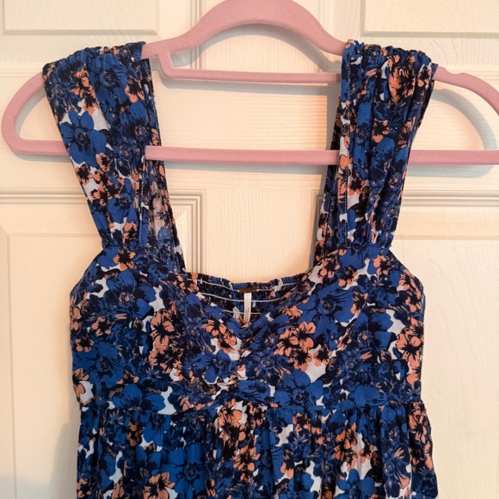 Free People Blue Floral Print Sleeveless Mini Dress XS Smocked Sun Dress - Picture 4 of 10